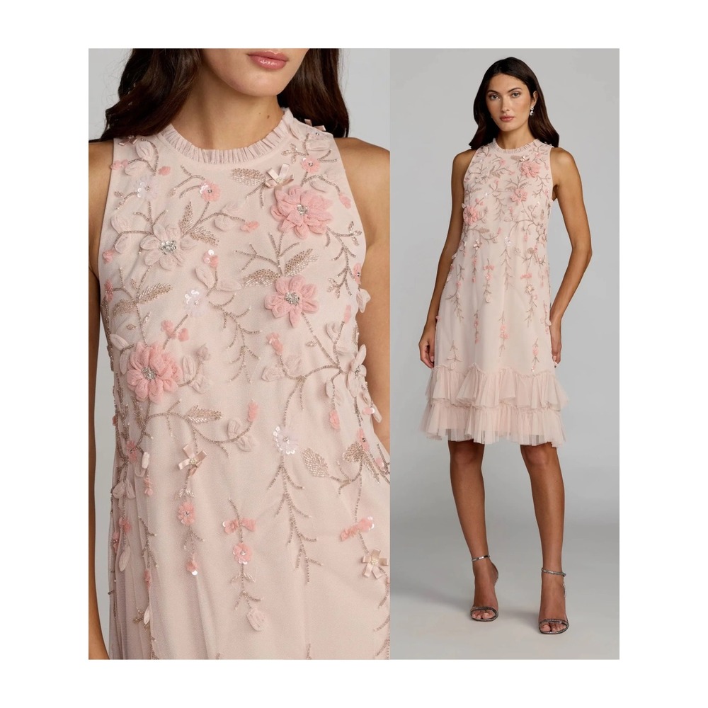 Mac Duggal Pink Embellished Ruffle Tiered High Neck Floral Dress - Size 2